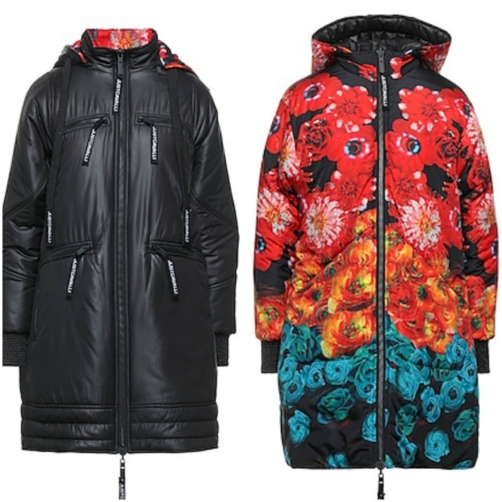JUST CAVALLI REVERSIBLE long PUFFER JACKET WITH HOOD 40 S